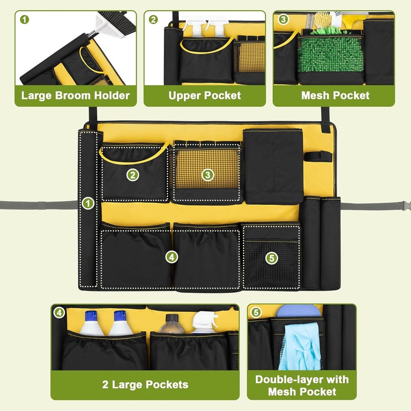 HODRANT 32-55 Gallon Trash Can Caddy Bag, Garbage Bin Apron Caddy with Multiple Pockets for Cleaning Supplies, Cleaning Tool Organizer with Adjustable Buckle for Janitorial Trash Can, Black+Yellow - Image 3